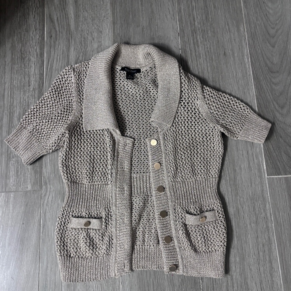 WHBM Sparkly gold crochet short sleeve cardigan sweater sz M nwot